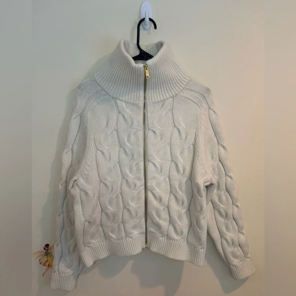 Talbots Sweater Cream Cable Knit Turtleneck Full Zip Cardigan Size XL